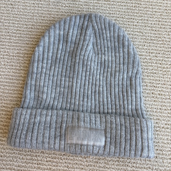 Victoria's Secret Accessories - Victoria Secret Pink Beanie Hat Gray ribbed cute acrylic winter